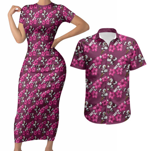 Manly Warringah Sea Eagles Couples Matching Short Sleeve Bodycon Dress and Hawaiian Shirt Tropical Hibiscus Floral Seamless Rugby Mascot