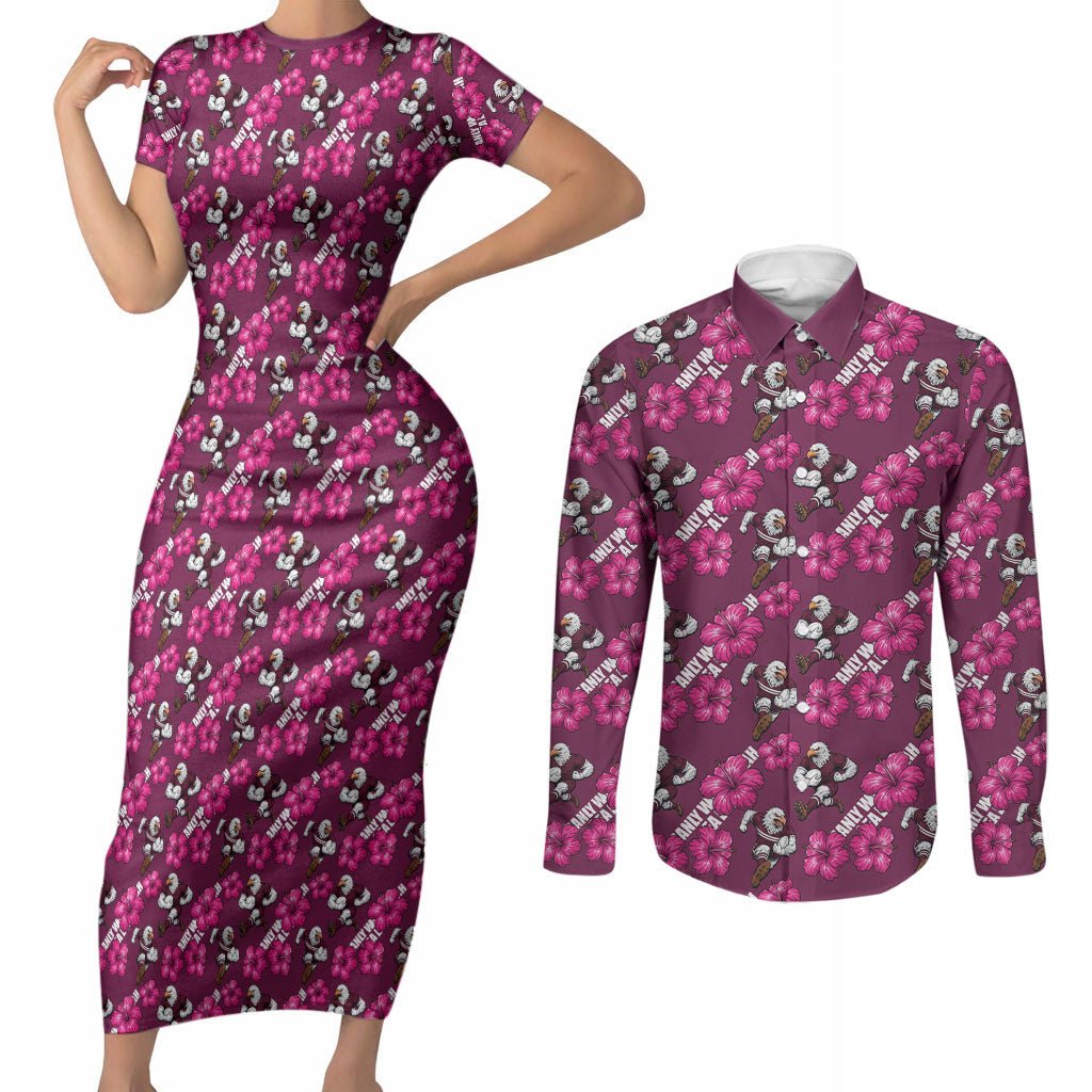 Manly Warringah Sea Eagles Couples Matching Short Sleeve Bodycon Dress and Long Sleeve Button Shirt Tropical Hibiscus Floral Seamless Rugby Mascot