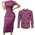 Manly Warringah Sea Eagles Couples Matching Short Sleeve Bodycon Dress and Long Sleeve Button Shirt Tropical Hibiscus Floral Seamless Rugby Mascot