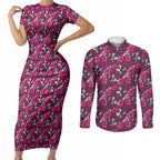 Manly Warringah Sea Eagles Couples Matching Short Sleeve Bodycon Dress and Long Sleeve Button Shirt Tropical Hibiscus Floral Seamless Rugby Mascot