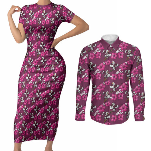 Manly Warringah Sea Eagles Couples Matching Short Sleeve Bodycon Dress and Long Sleeve Button Shirt Tropical Hibiscus Floral Seamless Rugby Mascot