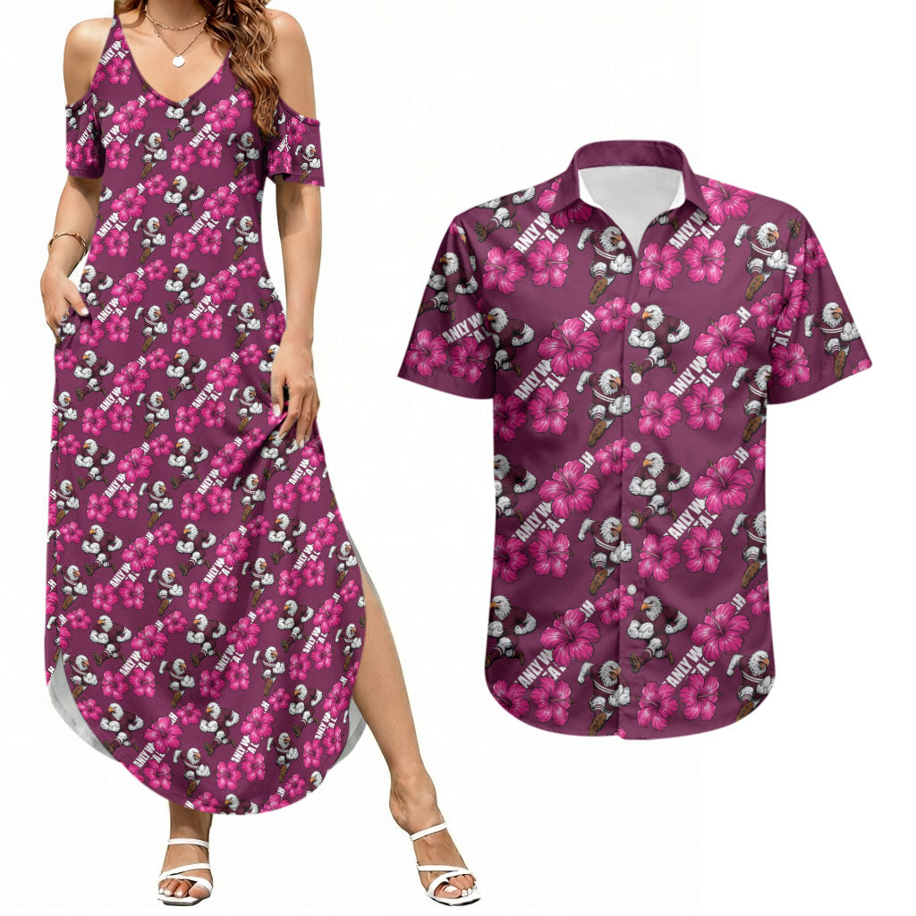 Manly Warringah Sea Eagles Couples Matching Summer Maxi Dress and Hawaiian Shirt Tropical Hibiscus Floral Seamless Rugby Mascot