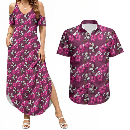 Manly Warringah Sea Eagles Couples Matching Summer Maxi Dress and Hawaiian Shirt Tropical Hibiscus Floral Seamless Rugby Mascot