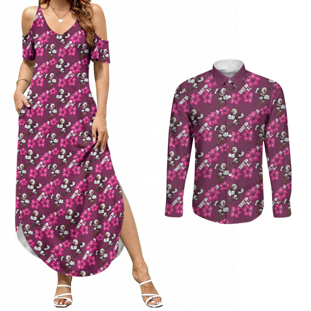Manly Warringah Sea Eagles Couples Matching Summer Maxi Dress and Long Sleeve Button Shirt Tropical Hibiscus Floral Seamless Rugby Mascot