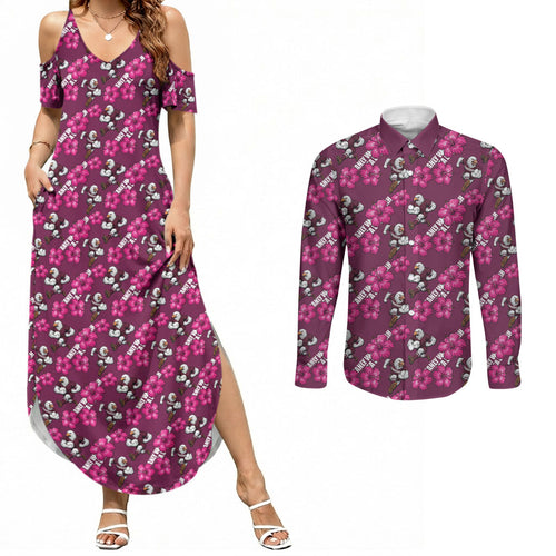 Manly Warringah Sea Eagles Couples Matching Summer Maxi Dress and Long Sleeve Button Shirt Tropical Hibiscus Floral Seamless Rugby Mascot