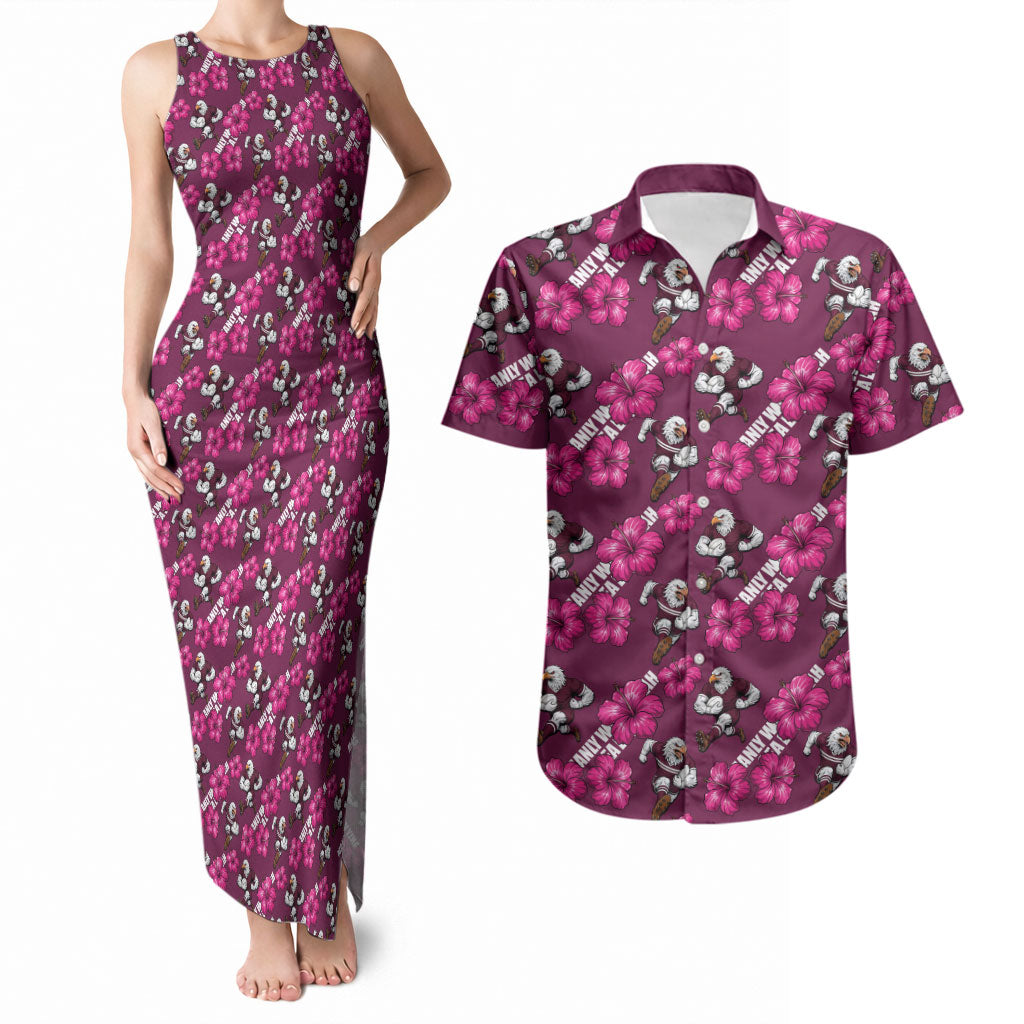 Manly Warringah Sea Eagles Couples Matching Tank Maxi Dress and Hawaiian Shirt Tropical Hibiscus Floral Seamless Rugby Mascot