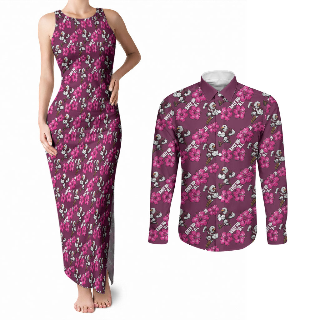 Manly Warringah Sea Eagles Couples Matching Tank Maxi Dress and Long Sleeve Button Shirt Tropical Hibiscus Floral Seamless Rugby Mascot