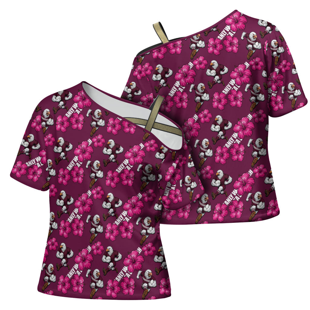 Manly Warringah Sea Eagles Cross Shoulder Shirt Tropical Hibiscus Floral Seamless Rugby Mascot