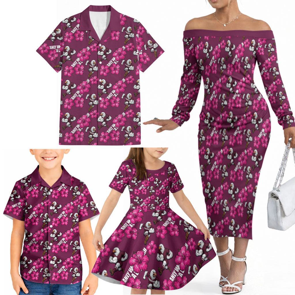 Manly Warringah Sea Eagles Family Matching Off The Shoulder Long Sleeve Dress and Hawaiian Shirt Tropical Hibiscus Floral Seamless Rugby Mascot