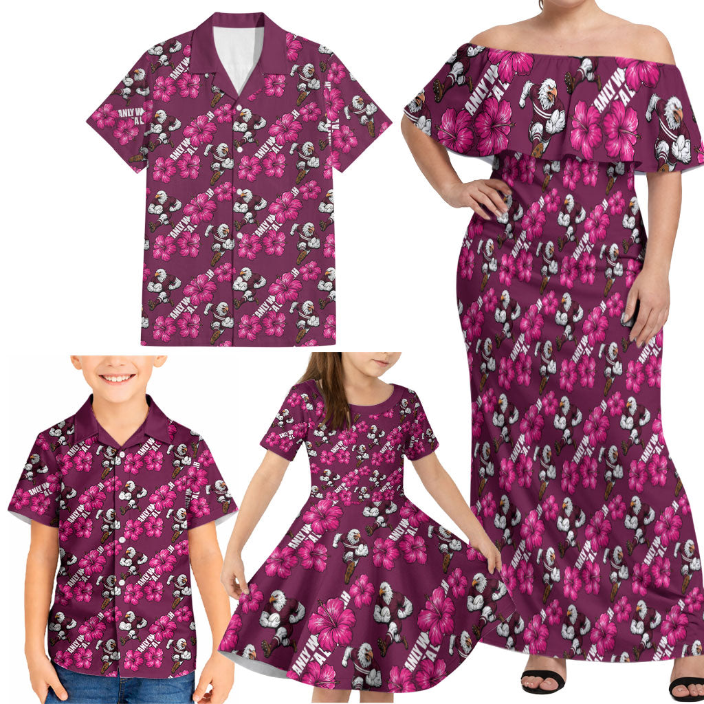 Manly Warringah Sea Eagles Family Matching Off Shoulder Maxi Dress and Hawaiian Shirt Tropical Hibiscus Floral Seamless Rugby Mascot