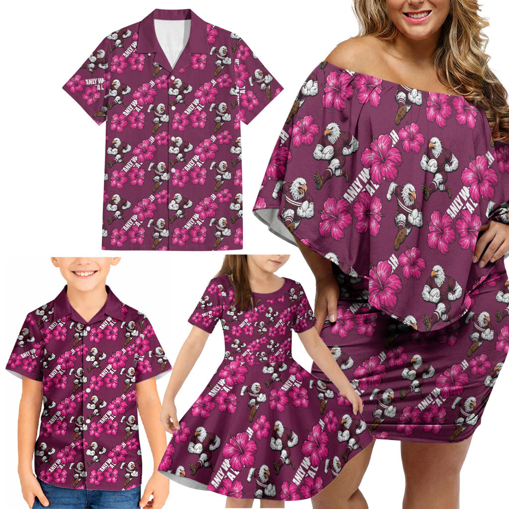 Manly Warringah Sea Eagles Family Matching Off Shoulder Short Dress and Hawaiian Shirt Tropical Hibiscus Floral Seamless Rugby Mascot