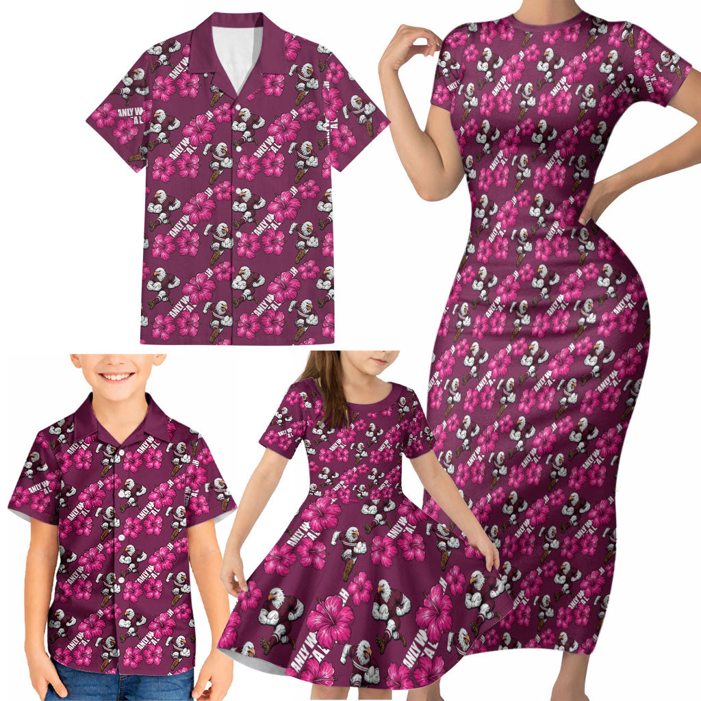 Manly Warringah Sea Eagles Family Matching Short Sleeve Bodycon Dress and Hawaiian Shirt Tropical Hibiscus Floral Seamless Rugby Mascot