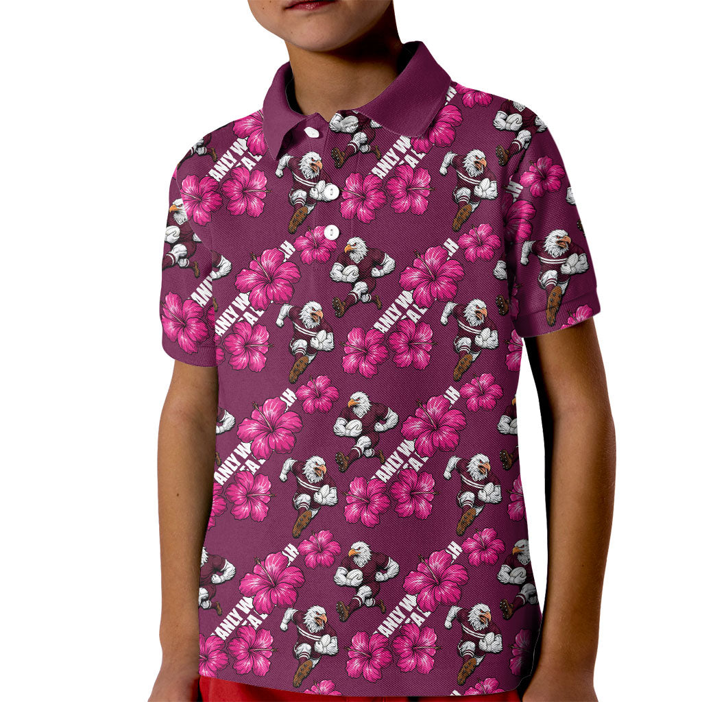 Manly Warringah Sea Eagles Kid Polo Shirt Tropical Hibiscus Floral Seamless Rugby Mascot