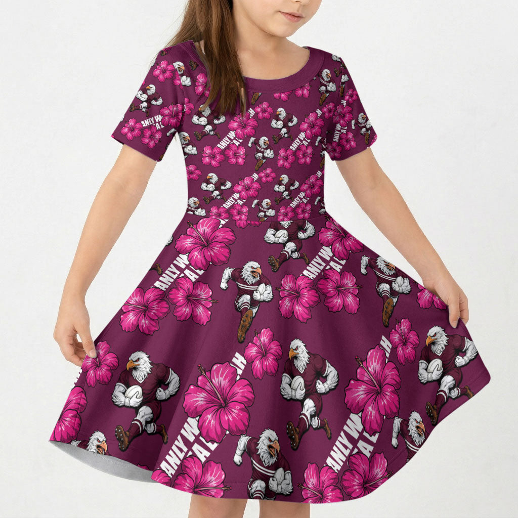 Manly Warringah Sea Eagles Kid Short Sleeve Dress Tropical Hibiscus Floral Seamless Rugby Mascot