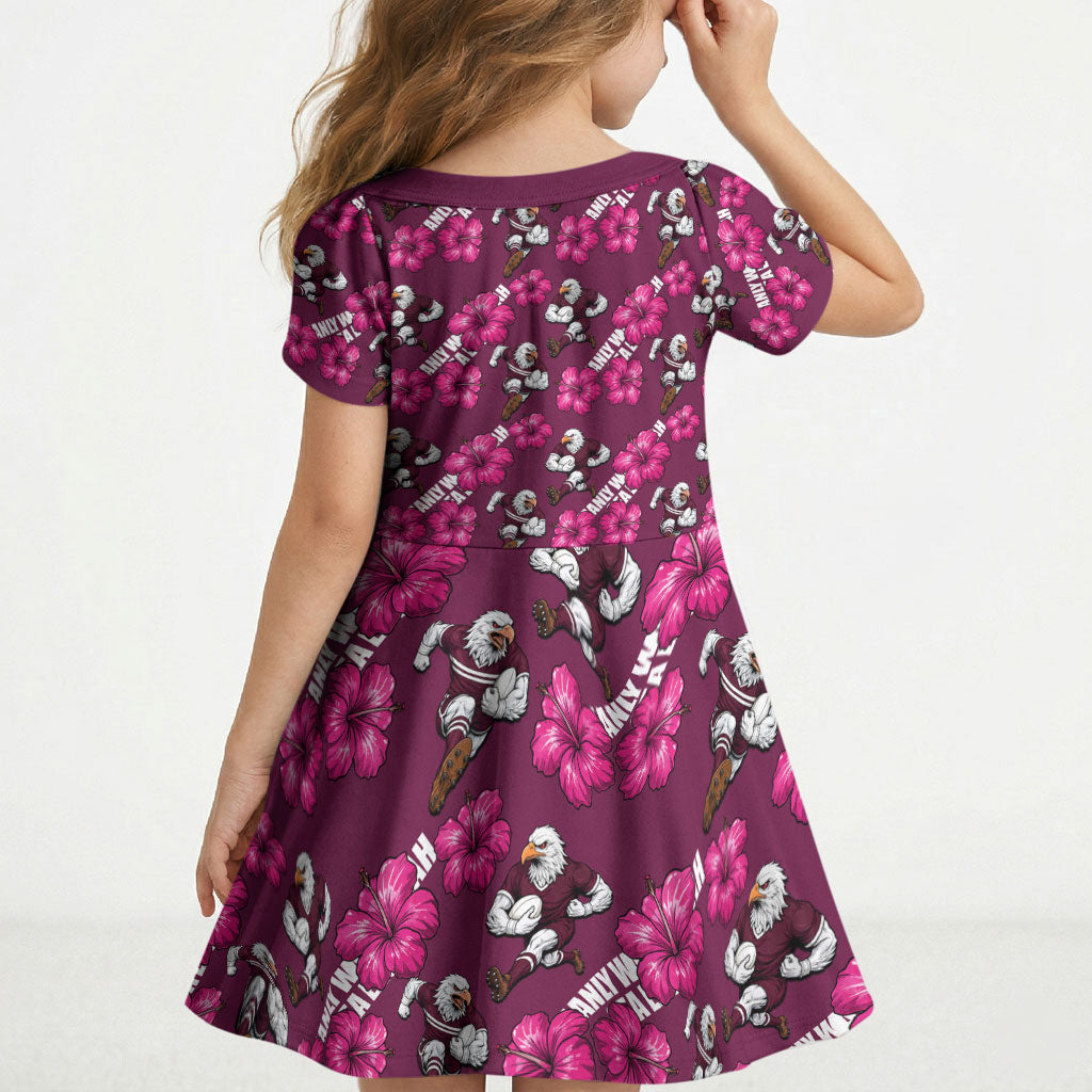 Manly Warringah Sea Eagles Kid Short Sleeve Dress Tropical Hibiscus Floral Seamless Rugby Mascot