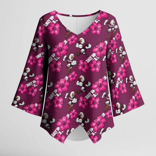 Manly Warringah Sea Eagles Kimono Sleeve Blouse Tropical Hibiscus Floral Seamless Rugby Mascot