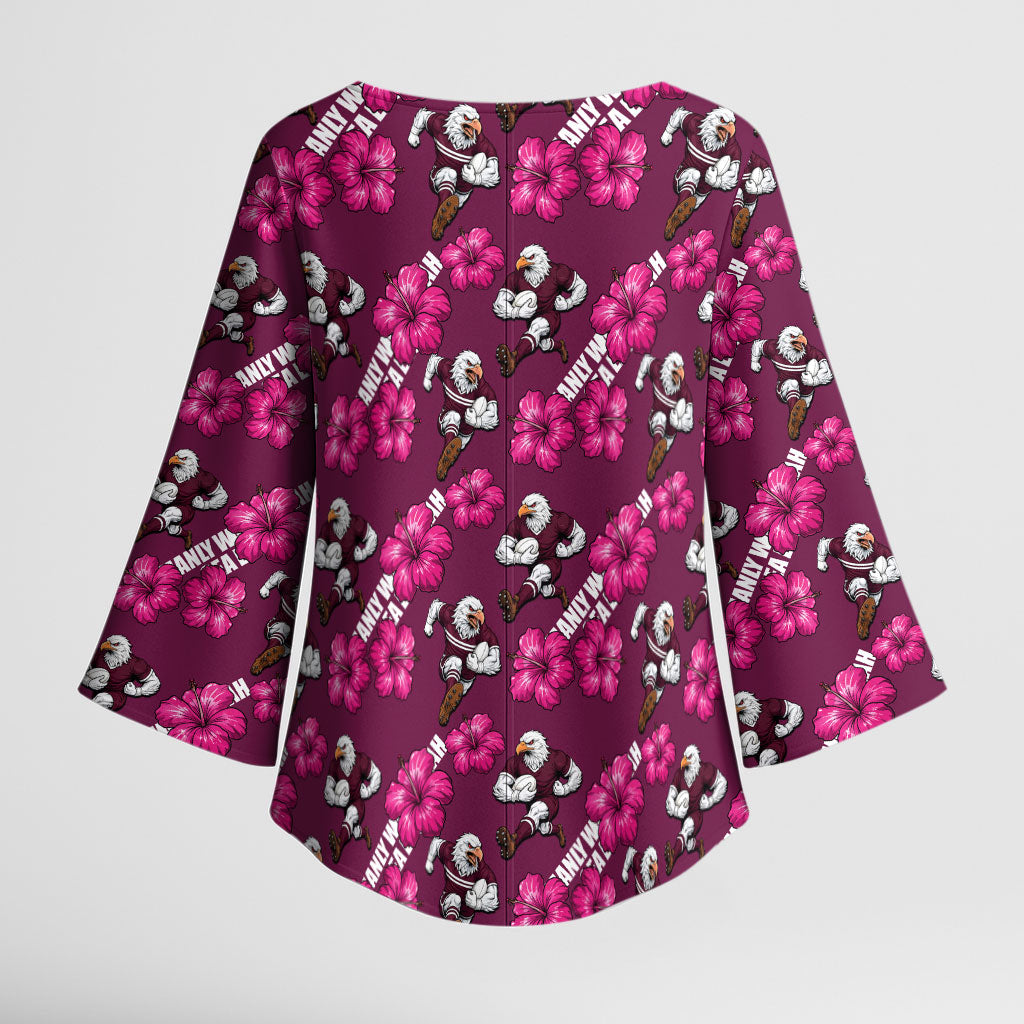 Manly Warringah Sea Eagles Kimono Sleeve Blouse Tropical Hibiscus Floral Seamless Rugby Mascot
