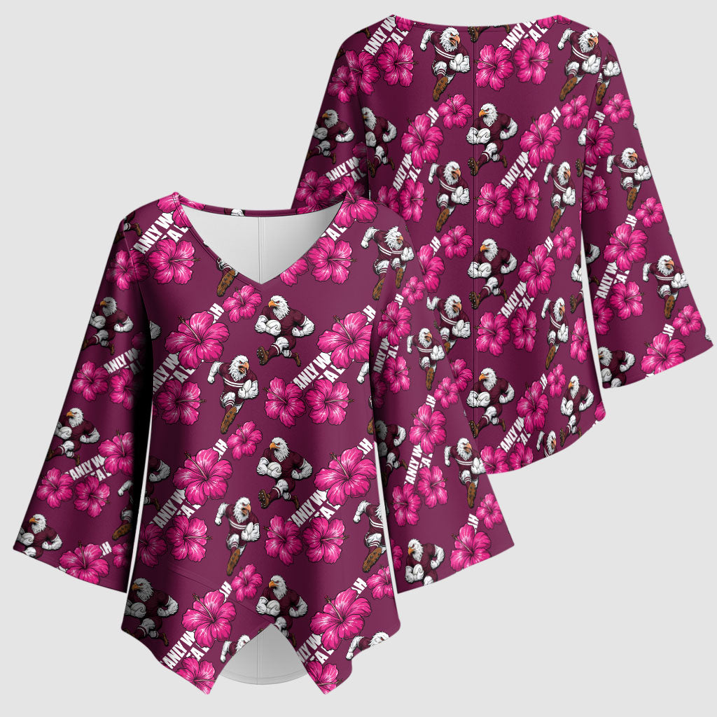 Manly Warringah Sea Eagles Kimono Sleeve Blouse Tropical Hibiscus Floral Seamless Rugby Mascot