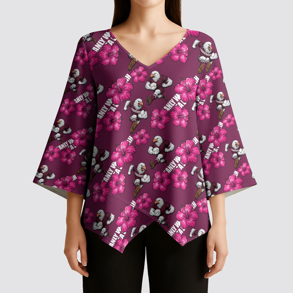 Manly Warringah Sea Eagles Kimono Sleeve Blouse Tropical Hibiscus Floral Seamless Rugby Mascot