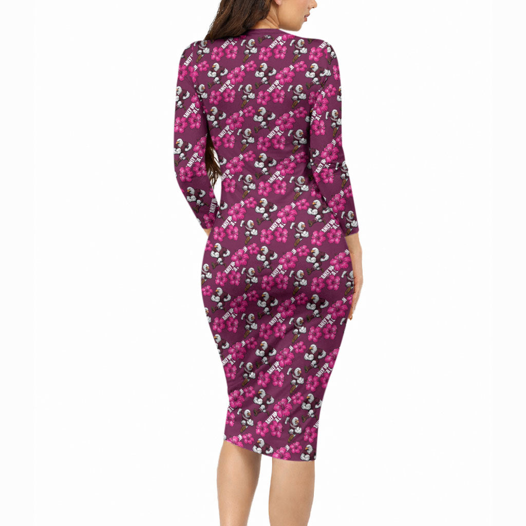 Manly Warringah Sea Eagles Long Sleeve Bodycon Dress Tropical Hibiscus Floral Seamless Rugby Mascot