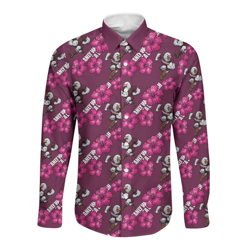 Manly Warringah Sea Eagles Long Sleeve Button Shirt Tropical Hibiscus Floral Seamless Rugby Mascot
