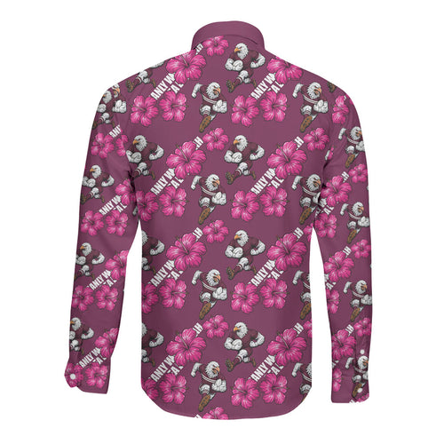 Manly Warringah Sea Eagles Long Sleeve Button Shirt Tropical Hibiscus Floral Seamless Rugby Mascot