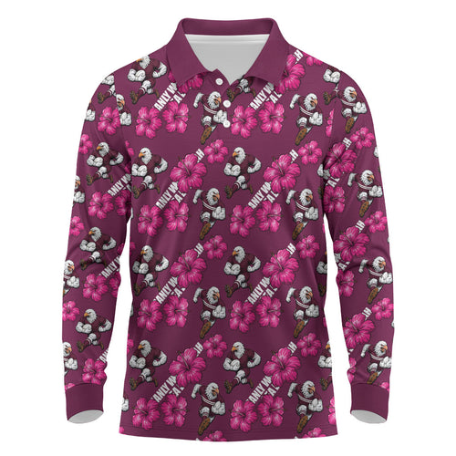 Manly Warringah Sea Eagles Long Sleeve Polo Shirt Tropical Hibiscus Floral Seamless Rugby Mascot