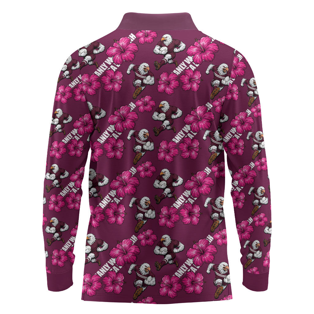 Manly Warringah Sea Eagles Long Sleeve Polo Shirt Tropical Hibiscus Floral Seamless Rugby Mascot