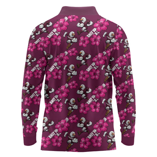 Manly Warringah Sea Eagles Long Sleeve Polo Shirt Tropical Hibiscus Floral Seamless Rugby Mascot