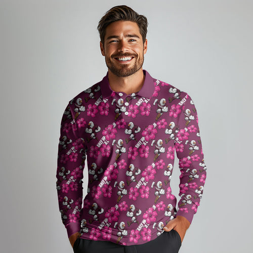 Manly Warringah Sea Eagles Long Sleeve Polo Shirt Tropical Hibiscus Floral Seamless Rugby Mascot