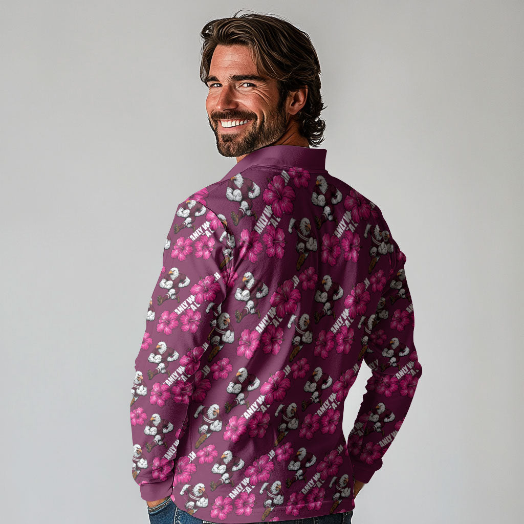 Manly Warringah Sea Eagles Long Sleeve Polo Shirt Tropical Hibiscus Floral Seamless Rugby Mascot