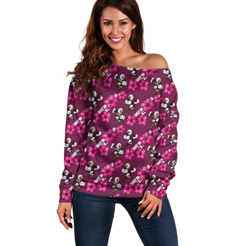 Manly Warringah Sea Eagles Off Shoulder Sweater Tropical Hibiscus Floral Seamless Rugby Mascot