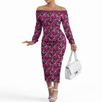 Manly Warringah Sea Eagles Off The Shoulder Long Sleeve Dress Tropical Hibiscus Floral Seamless Rugby Mascot