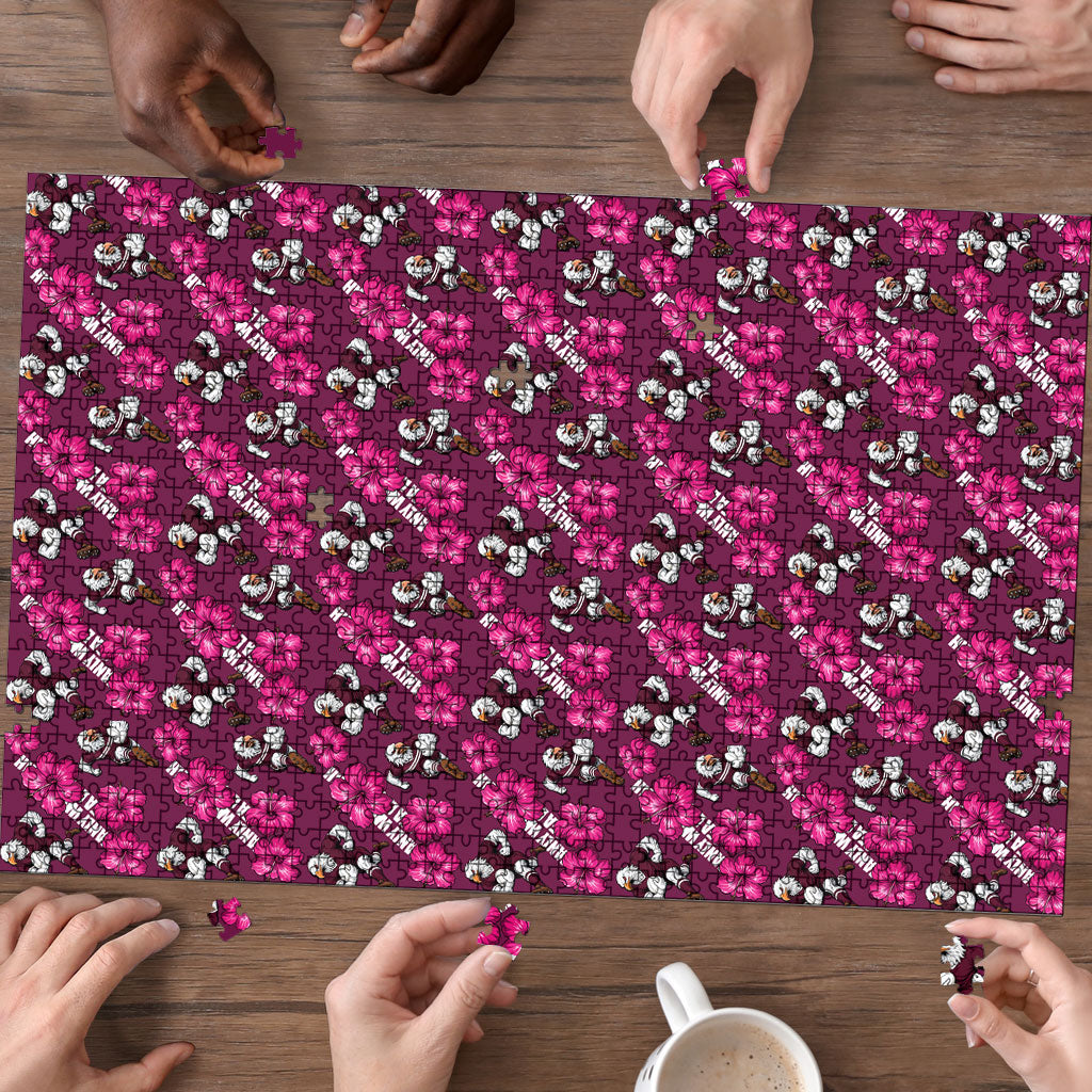 Manly Warringah Sea Eagles Puzzle Tropical Hibiscus Floral Seamless Rugby Mascot