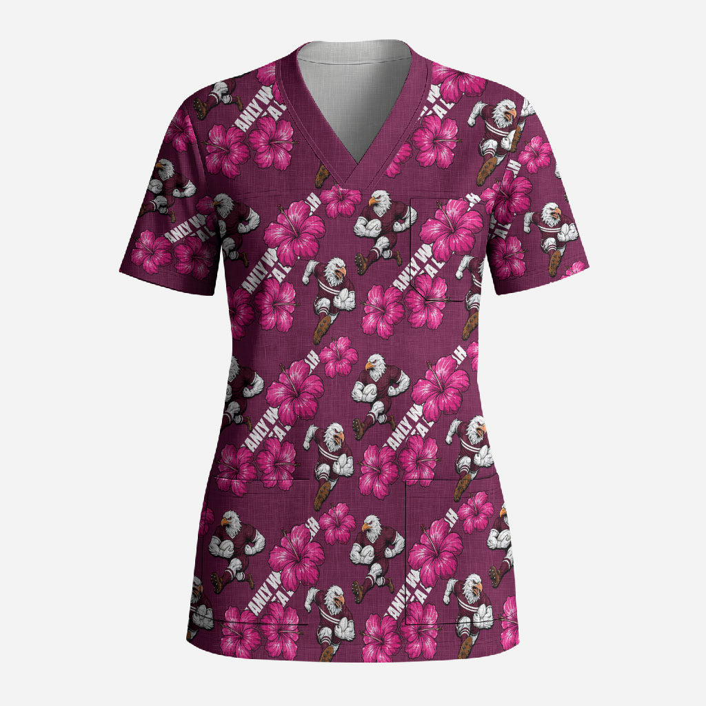 Manly Warringah Sea Eagles Scrub Top Tropical Hibiscus Floral Seamless Rugby Mascot