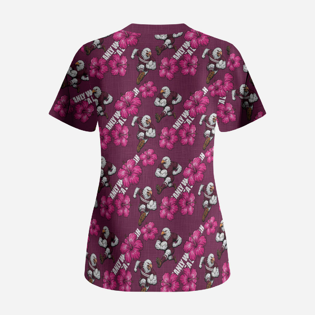 Manly Warringah Sea Eagles Scrub Top Tropical Hibiscus Floral Seamless Rugby Mascot