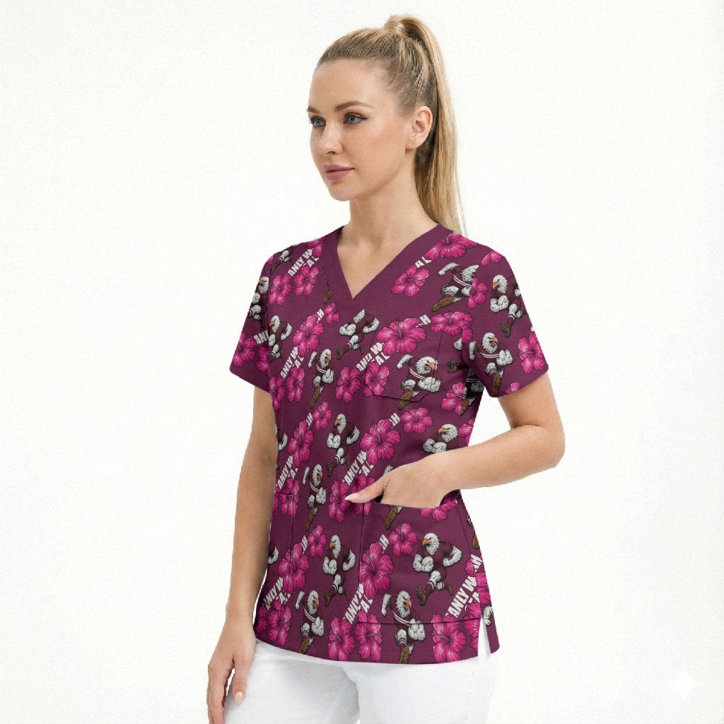 Manly Warringah Sea Eagles Scrub Top Tropical Hibiscus Floral Seamless Rugby Mascot