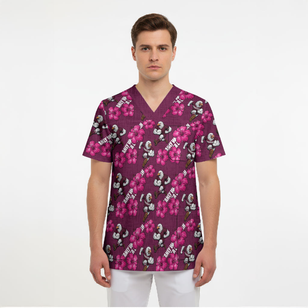 Manly Warringah Sea Eagles Scrub Top Tropical Hibiscus Floral Seamless Rugby Mascot