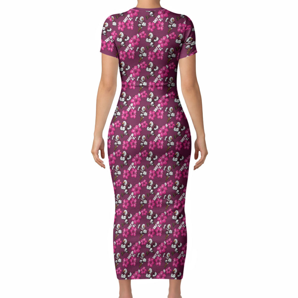 Manly Warringah Sea Eagles Short Sleeve Bodycon Dress Tropical Hibiscus Floral Seamless Rugby Mascot