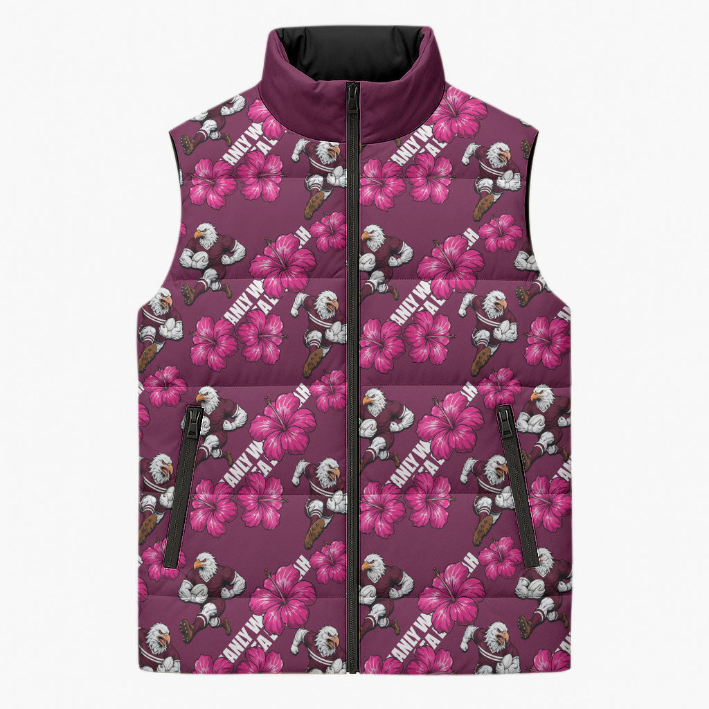 Manly Warringah Sea Eagles Sleeveless Puffer Jacket Tropical Hibiscus Floral Seamless Rugby Mascot
