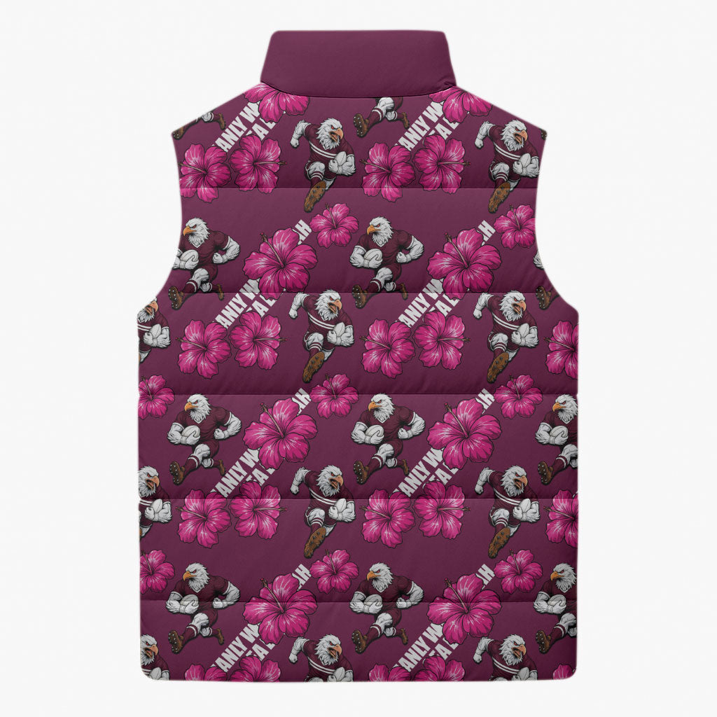Manly Warringah Sea Eagles Sleeveless Puffer Jacket Tropical Hibiscus Floral Seamless Rugby Mascot