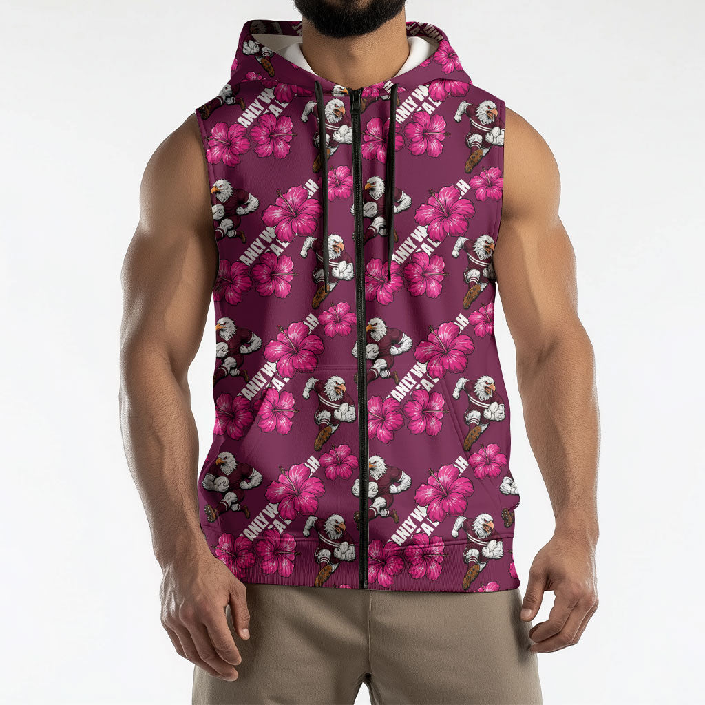 Manly Warringah Sea Eagles Sleeveless Zip Hoodie Tropical Hibiscus Floral Seamless Rugby Mascot
