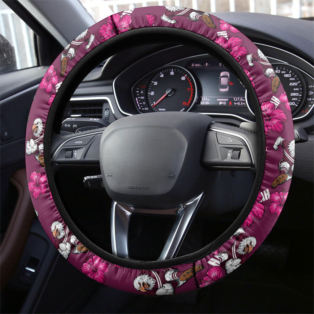 Manly Warringah Sea Eagles Steering Wheel Cover Tropical Hibiscus Floral Seamless Rugby Mascot