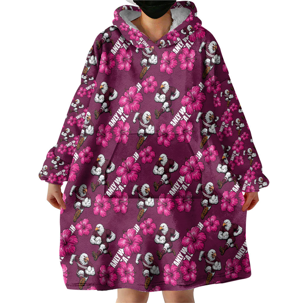 Manly Warringah Sea Eagles Wearable Blanket Hoodie Tropical Hibiscus Floral Seamless Rugby Mascot