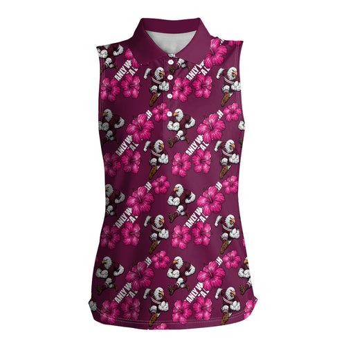 Manly Warringah Sea Eagles Women Sleeveless Polo Shirt Tropical Hibiscus Floral Seamless Rugby Mascot