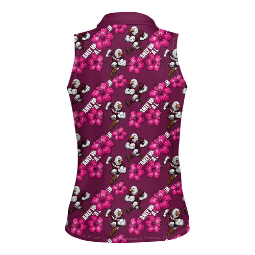 Manly Warringah Sea Eagles Women Sleeveless Polo Shirt Tropical Hibiscus Floral Seamless Rugby Mascot