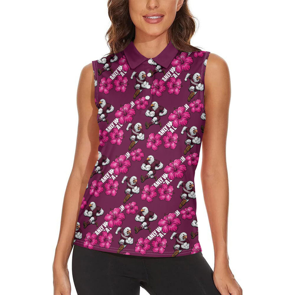 Manly Warringah Sea Eagles Women Sleeveless Polo Shirt Tropical Hibiscus Floral Seamless Rugby Mascot