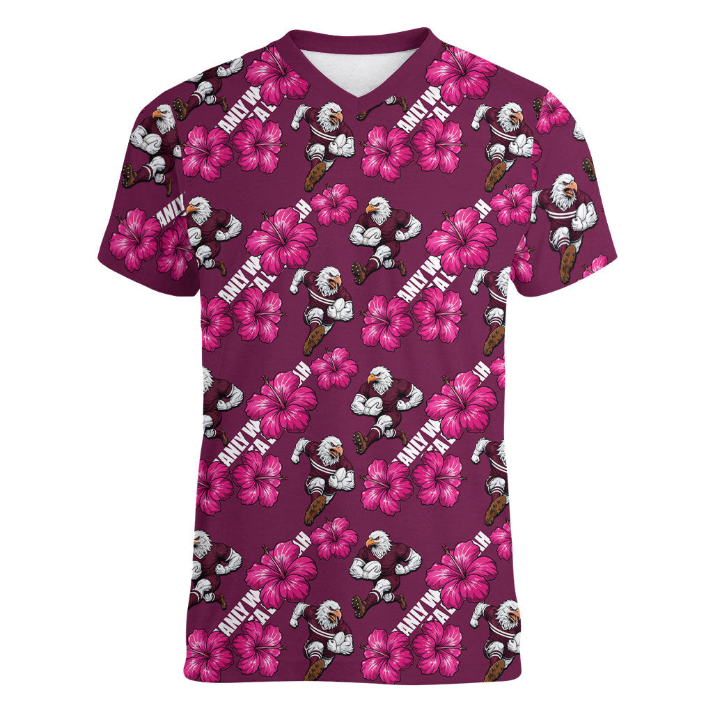 Manly Warringah Sea Eagles Women V-Neck T-Shirt Tropical Hibiscus Floral Seamless Rugby Mascot