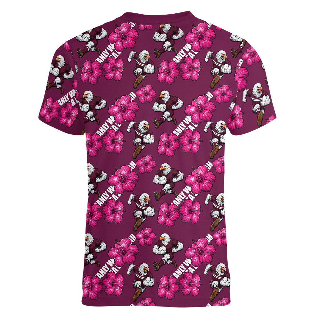 Manly Warringah Sea Eagles Women V-Neck T-Shirt Tropical Hibiscus Floral Seamless Rugby Mascot