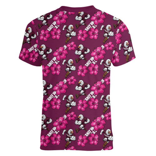 Manly Warringah Sea Eagles Women V-Neck T-Shirt Tropical Hibiscus Floral Seamless Rugby Mascot
